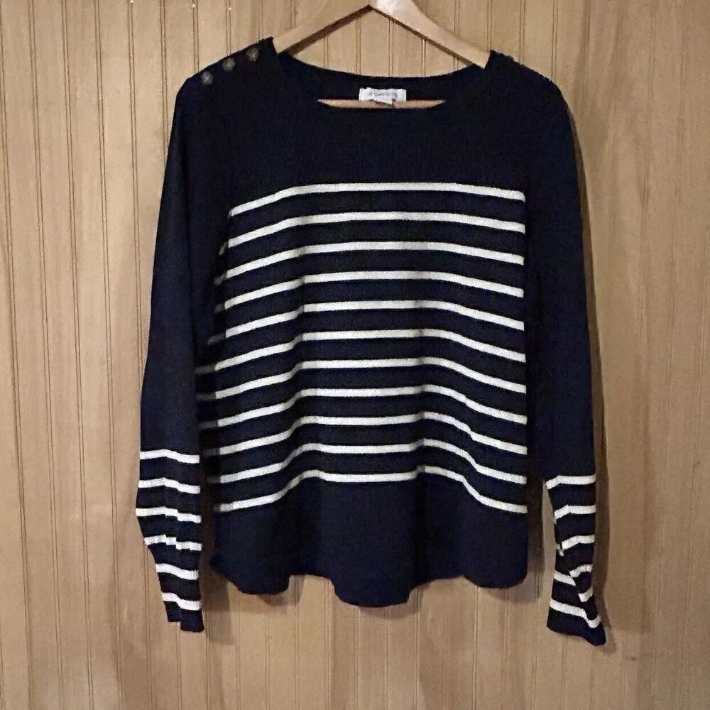 Liz Claiborne Sweater Women's Size XL Navy Blue Striped Boat Neck Button Detail